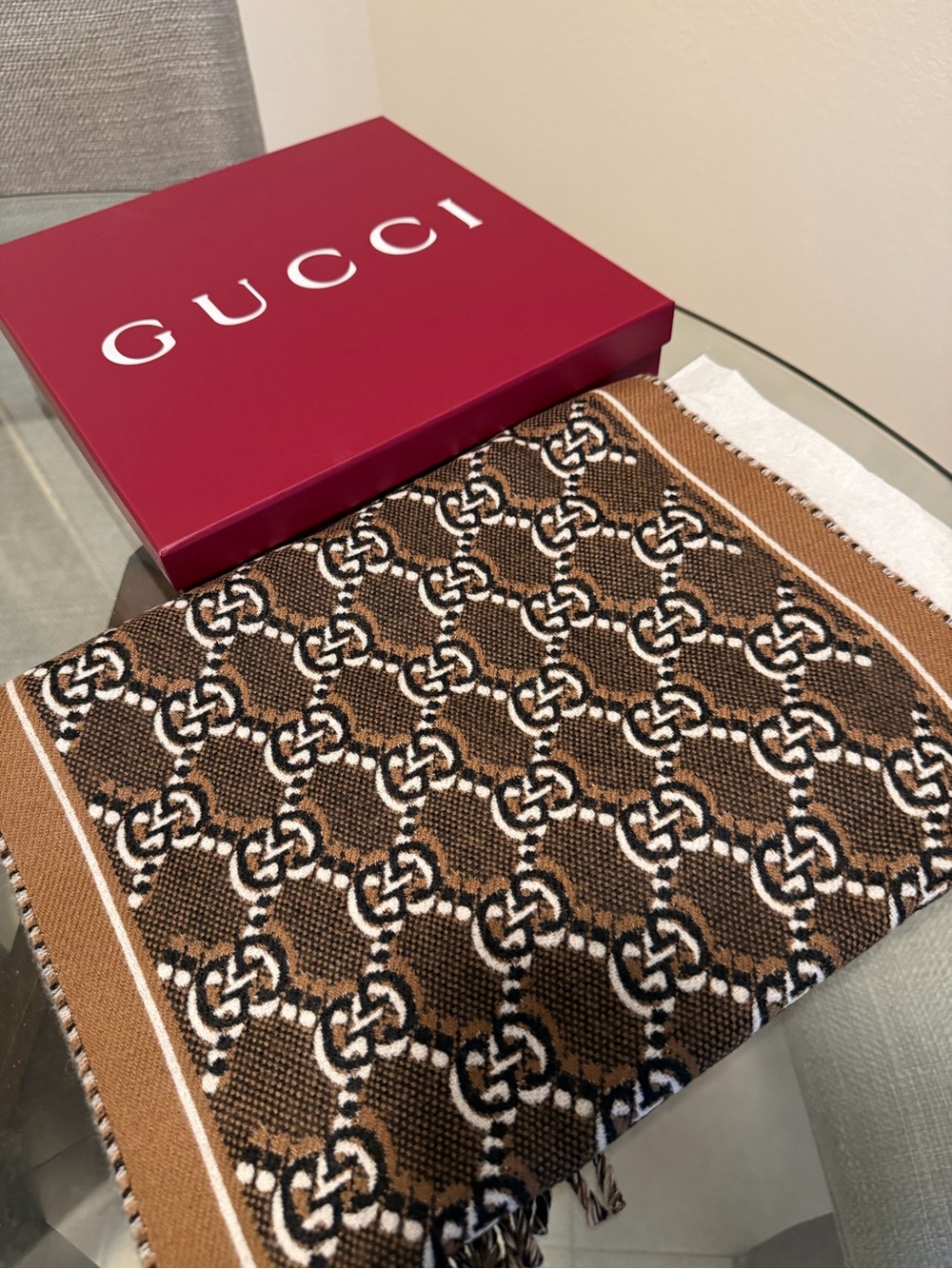 Gucci Brown & White GG Jacquard Scarf